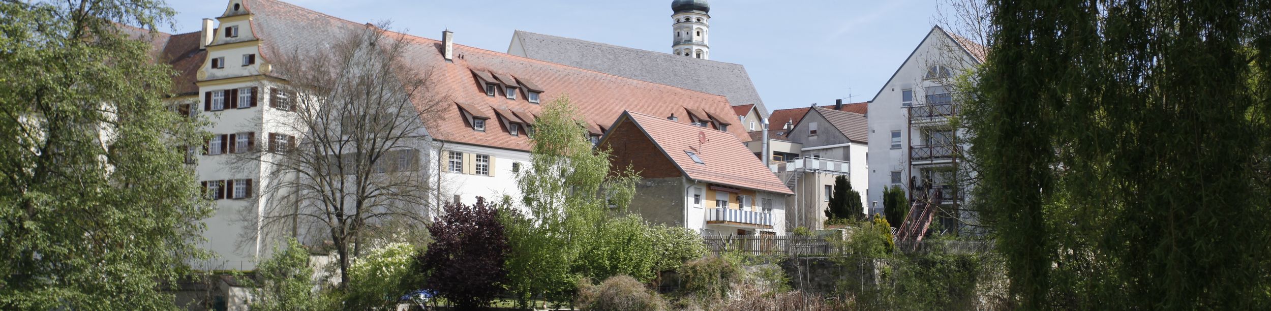 Flussufer mit Wiese, Wasservögeln und historischen Häusern samt Kirchturm