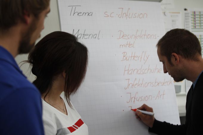 Drei Personen betrachten Flipchart, eine schreibt mit rotem Marker